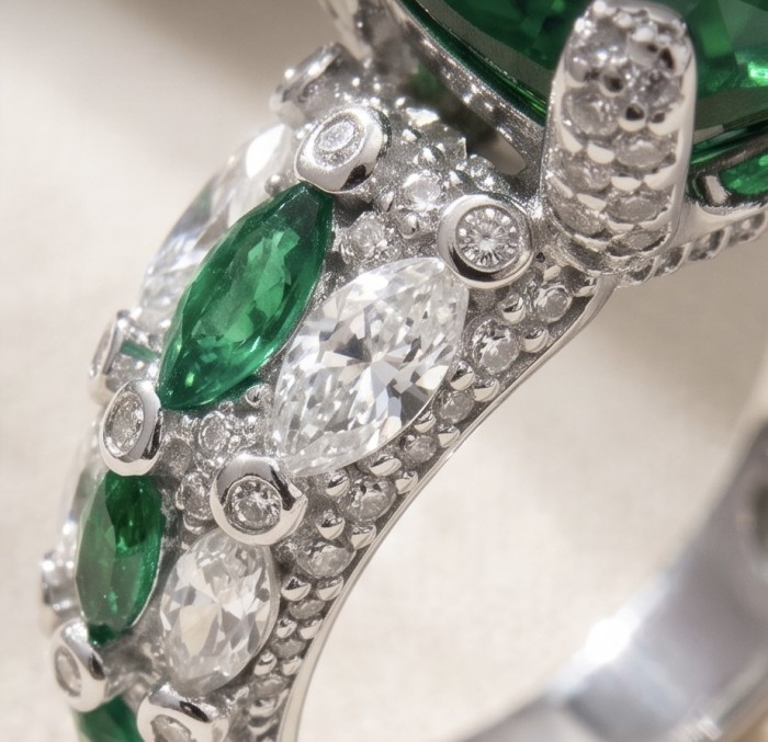 Top quality - Real Treasure asscher cut 17.2 carat Chrome Diopside .925 Sterling Silver Ring size 7 - Close-up of silver ring with green and white marquise-cut stones
