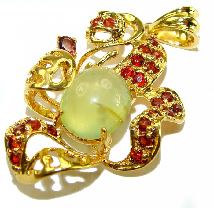 Wise Bliss Authentic 8.6 carat Prehnite Ruby 14K Gold over .925 Sterling Silver handmade Pendant - Gold pendant with prehnite and ruby stones, angled top view.
