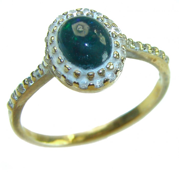 A COSMIC POWER Genuine 1.2 carat Black Opal 18K Gold over .925 Sterling Silver handmade Ring size 8 - Gold ring with black opal stone, top view.
