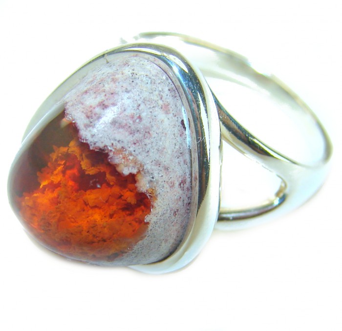Inner Fire best quality 10.4 carat Mexican Opal .925 Sterling Silver handmade ring 7 - Mexican opal ring close-up, silver setting, fiery stone detail