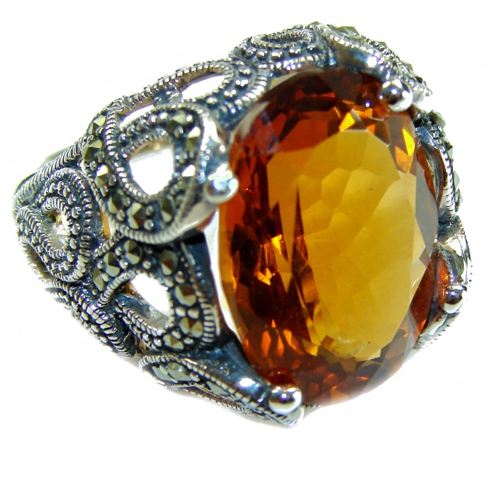Celestial Energy Natural 22.4 carat GOLDEN Topaz Marcasite .925 Sterling Silver handmade Large Statement Ring size 8 - Close-up of Celestial Energy ring with 22.4 carat golden topaz and marcasite