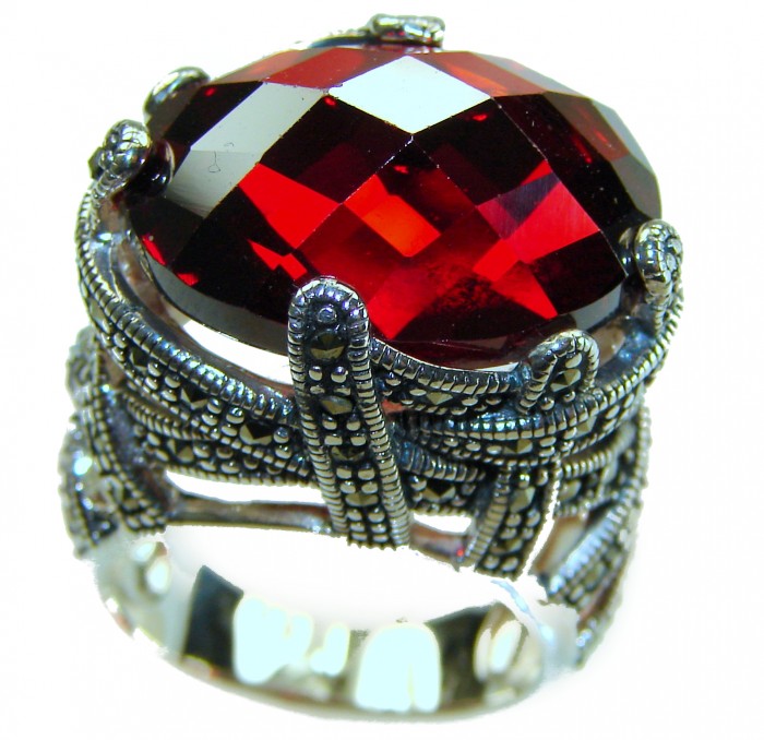 Bella Rosa Natural 28.4 carat Ruby Marcasite .925 Sterling Silver handmade Large Statement Ring size 7 3/4 - Close-up of Bella Rosa Ruby Marcasite Sterling Silver Ring