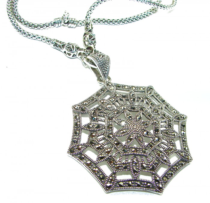 Bright Star - Large genuine Marcasite .925 Sterling Silver necklace 20 inches long - Intricate marcasite pendant necklace, close-up front view.