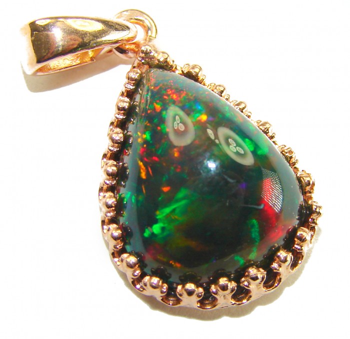Black Galaxy 12.5 ctw Authentic Black Opal 14K Gold over .925 Sterling Silver handmade Pendant - Close-up of Black Galaxy Opal pendant with gold setting and bail.