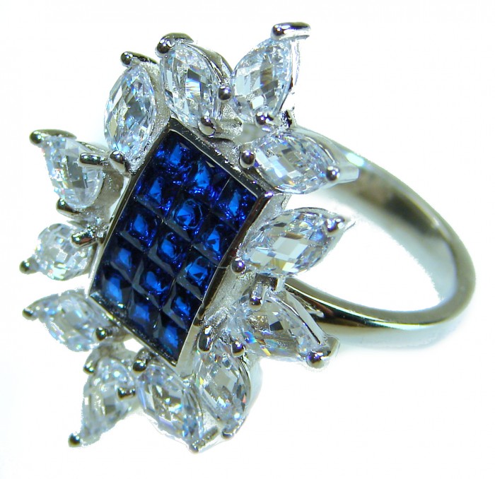 Art Deco - Precious Sapphire - authentic 22.2 carat Sapphire .925 Sterling Silver Eternity Ring size 7 1/2 - Side view of Art Deco ring with 22.2 carat sapphire and clear stones
