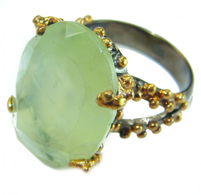Best quality Prehnite rhodium over .925 Sterling Silver handcrafted Ring Size 6 - Side view of Prehnite ring in rhodium over sterling silver.