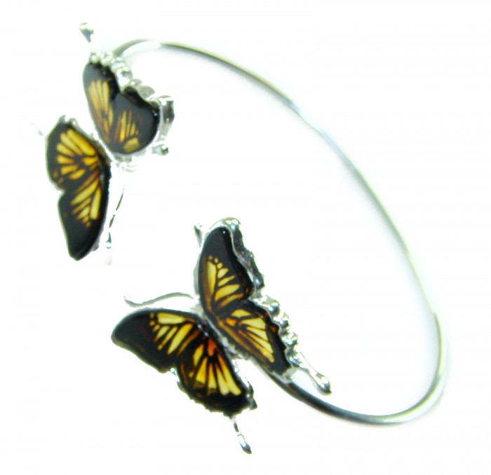 Golden Butterfly Genuine carved Baltic Amber .925 Sterling Silver handamde Bracelet - Golden butterfly amber bracelet, top view with detailed butterfly design.
