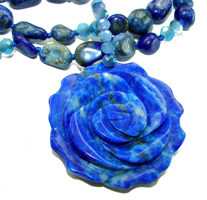 Bohemian style genuine carved Sodalite .925 Sterling Silver Necklace - Close-up of carved sodalite rose necklace in bohemian style.