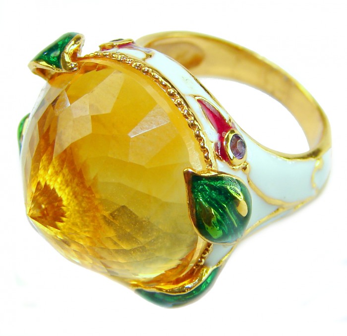 Natural 27.2 carat Brazilian Citrine white enamel .925 Sterling Silver dipped in 22K Gold handmade Statement Ring size 6 1/2 - Close-up of a 27.2ct Brazilian Citrine ring with enamel detailing