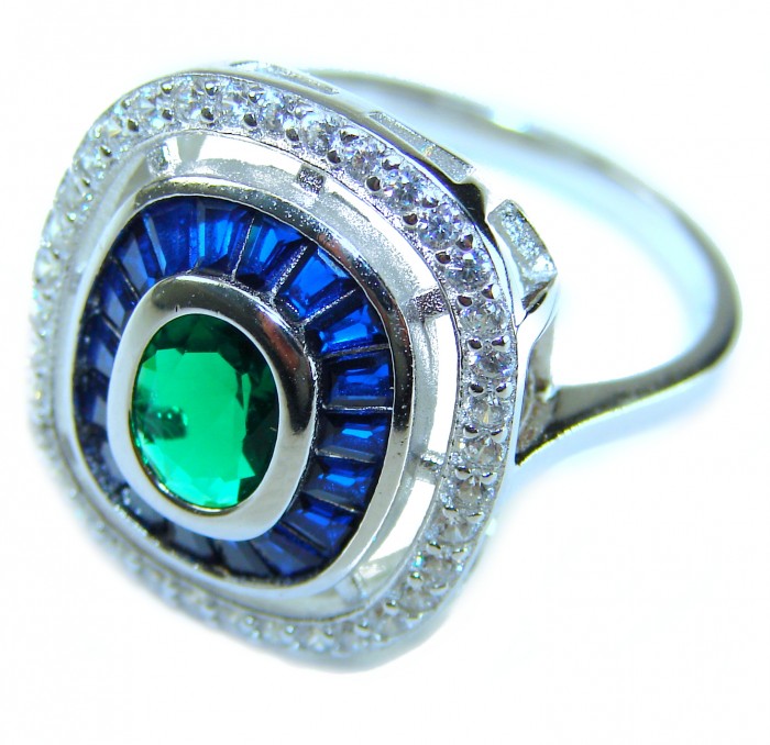 Art Deco 6.5 ctw Sapphire Emerald .925 Sterling Silver handcrafted Statement Ring size 9 1/4 - Stone close-up of Art Deco sapphire emerald sterling silver ring
