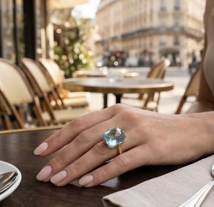 Atlantica 29.4 carat fancy Rose cut Swiss Blue Topaz 18K Gold over .925 Sterling Silver handcrafted Large ring size 8 - Worn on hand, Atlantica 29.4 ct Swiss Blue Topaz ring in 18K gold.