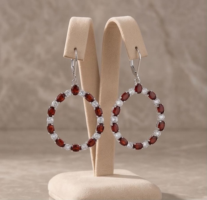 Red Royalty Authentic 24.9 carat Mozambique Garnet .925 Sterling Silver brilliantly handcrafted Statement earrings - Front view of red garnet and silver hoop earrings on a stand.