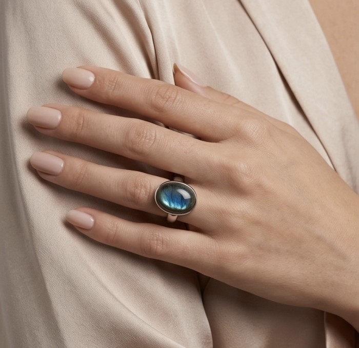 Magic Night Natural Labradorite .925 Sterling Silver handcrafted Large ring size 8 adjustable - Magic Night Labradorite ring in sterling silver, worn on hand