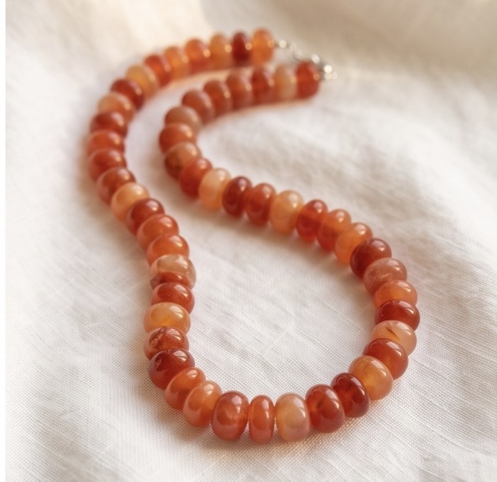 Carnelian - acting as a talisman to banish fear and inspire action - Natural 887.4 Cts Carnelian Agate .925 Sterling Silver MASSIVE Necklace - Carnelian necklace close-up, showcasing vibrant red-orange beads