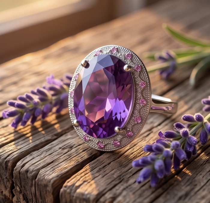 Purple Symphony 15.5 carat natural Amethyst rhodium over .925 Sterling Silver Handcrafted Ring size 8 adjustable - Front view of Purple Symphony Amethyst ring on wooden surface with lavender.