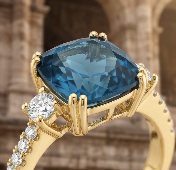 Atlantica fancy asscher cut 10.9 carat authentic London Blue Topaz 22K Gold over .925 Sterling Silver Handcrafted Ring size 8 - Stone close-up of Stella 10.9 ct London Blue Topaz ring in gold setting.