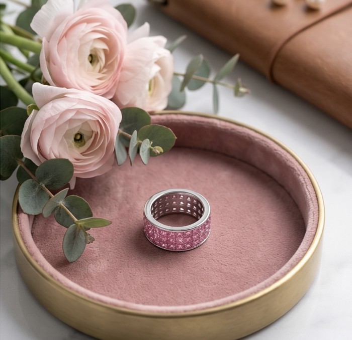 Eternity - authentic pear cut 8.5 carat Pink Sapphire .925 Sterling Silver Handcrafted Statement Ring size 6 - Pink Sapphire ring on velvet tray beside flowers, top view.