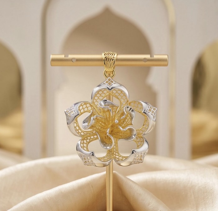 Dubai Style - Golden Rose .925 Sterling Silver dipped in 22K Gold handmade Pendant - Front view of Dubai Style Golden Rose pendant on display stand.