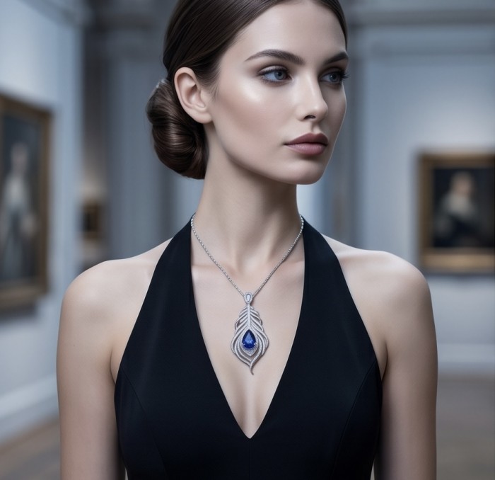Precious Magic Feather 10.2 carat Sapphire .925 Sterling Silver .925 Sterling Silver Statement Necklace - Woman wearing Precious Magic Feather sapphire necklace, front view.