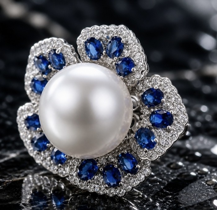 Luxurious Flower Large white Pearl 4.2 carat Sapphire Rhodium over .925 Sterling Silver brilliantly handcrafted ring s. 6 1/4 - Close-up of luxurious flower ring with pearl and sapphire stones.