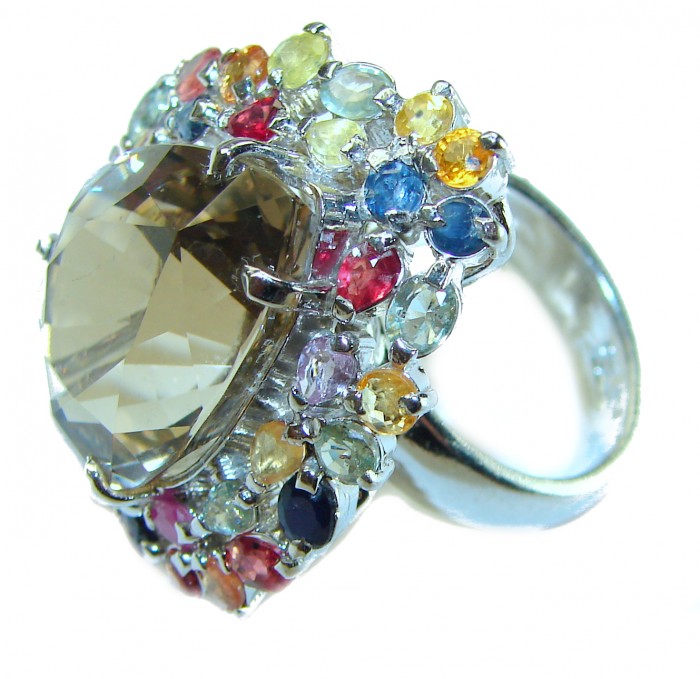 Egyptian Night 22.5 carat Champagne Topaz multicolored Sapphire .925 Sterling Silver Ring size 8 - photo 2