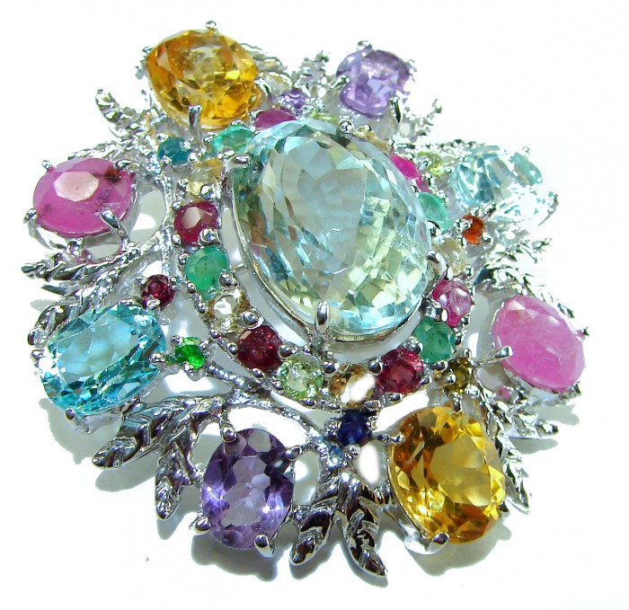 Blooming Garden Brooch - Authentic 55.5 carat Multigem 18K White Gold over .925 Sterling Silver handcrafted Pendant - Blooming Garden Brooch, stones close-up, multicolored gems, 55.5 carat.