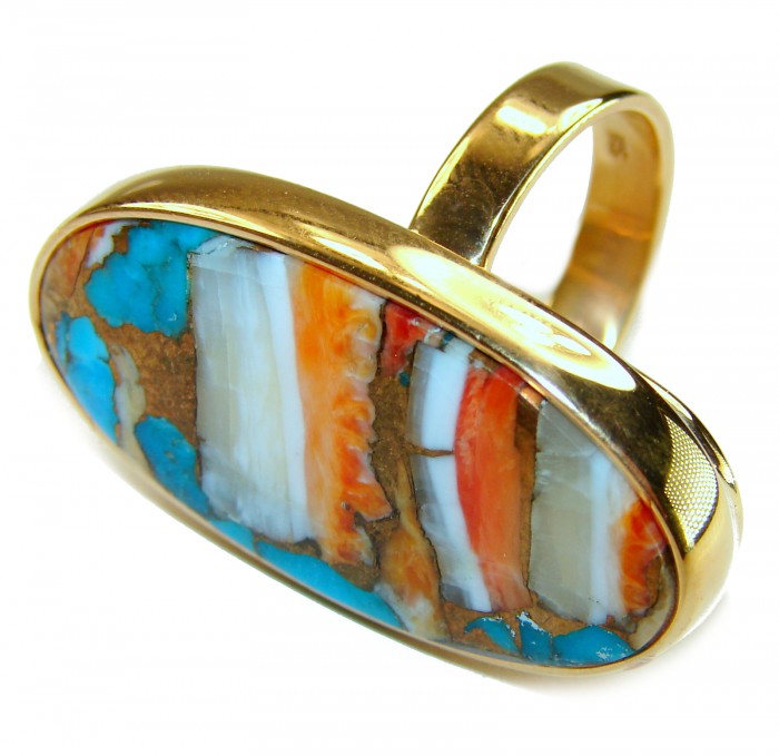 Rare 29.5 carat Oyster Turquoise 18K Gold over .925 Sterling Silver handcrafted Large ring; s. 7 adjustable - Side view of rare 29.5 carat oyster turquoise ring in gold settings.