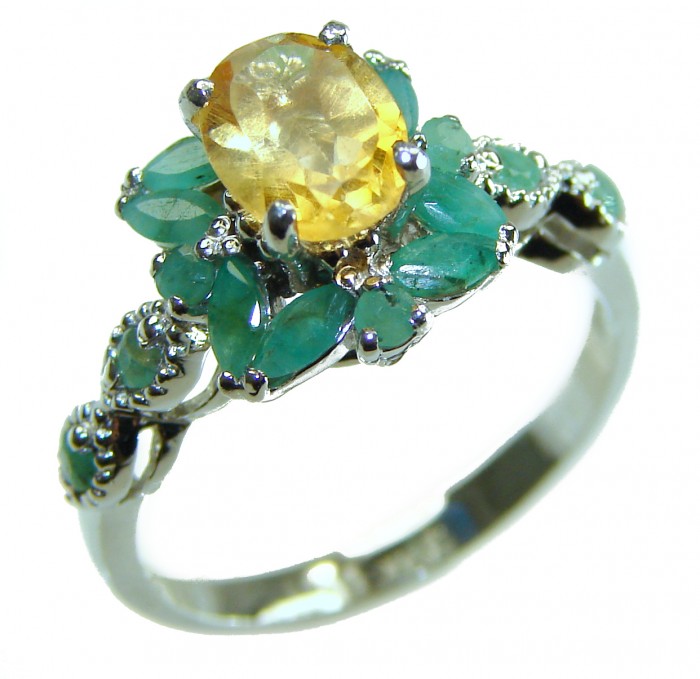 Golden Royalty 4.5 carat Citrine .925 Sterling Silver Handcrafted Huge Ring size 8 - Golden citrine ring with green stones, front view, sterling silver band