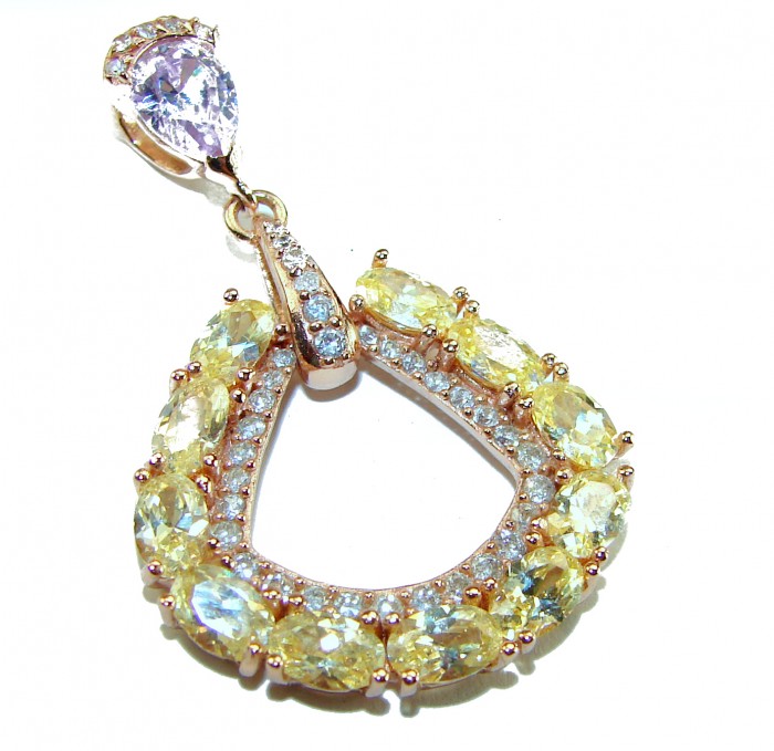 Emma 10.5 carat authentic yellow Sapphire .925 Sterling Silver 14K Gold over Handcrafted pendant - Yellow sapphire pendant front view, 10.5 carats, sterling silver.