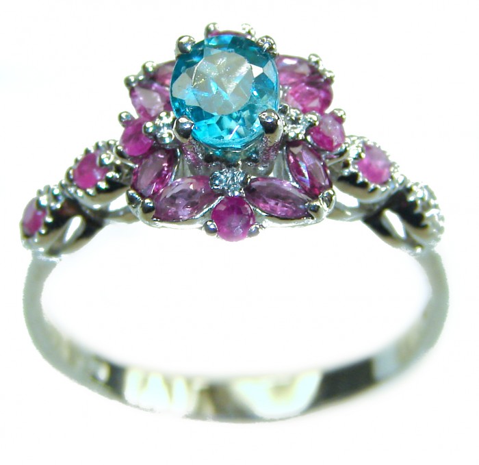 Pure Perfection 2.1 carat GENUINE Apatite Ruby .925 Silver handcrafted Ring s. 9 3/4 - Close-up of Pure Perfection apatite and ruby ring in .925 silver.