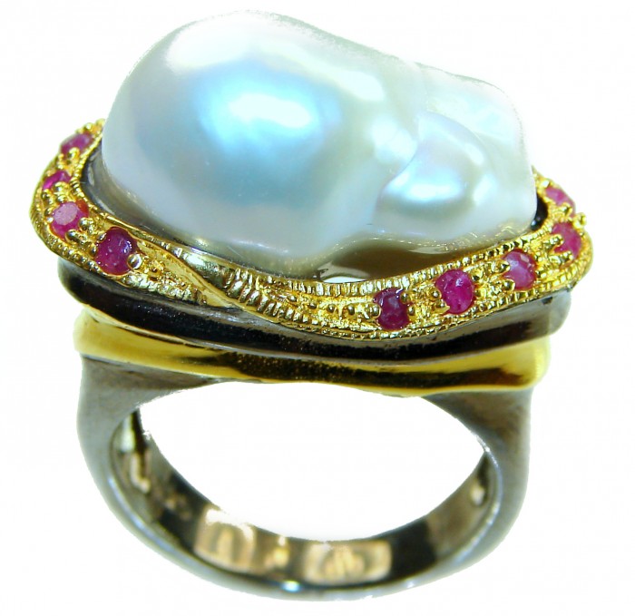 Huge Authentic rare Mother of Pearl Ruby 18K Gold over .925 Sterling Silver handcrafted ring; s. 7 - Side view of a mother of pearl ring with rubies and gold accents.