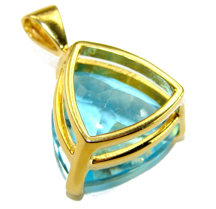 Atlantica TRILLION cut 12.9 carat Swiss Blue Topaz 18K Gold over .925 Sterling Silver Handcrafted Pendant - Close-up of trillion-cut Swiss Blue Topaz pendant in 18K gold