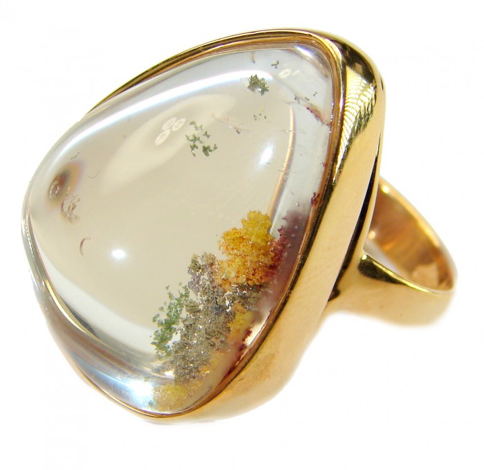 The best quality genuine 26.5 carat Phantom Quartz 18K Gold over .925 Sterling Silver handmade Statement Ring s. 8 adjustable - Phantom quartz 18K gold ring, side view with clear stone detail.