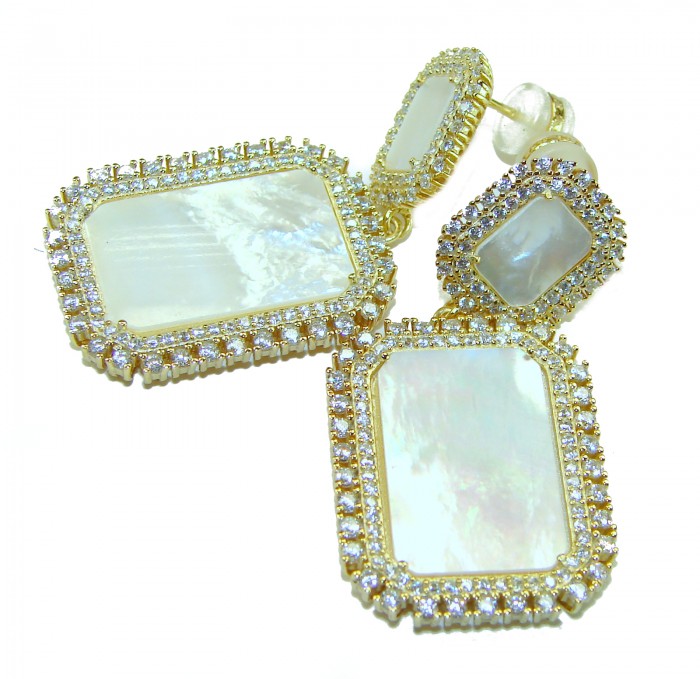 Genuine Blister Pearl lab grown Diamond 18K Gold over .925 Sterling Silver handcrafted Large Statement Earrings - Close-up of rectangle earrings with blister pearl and diamonds in gold setting.