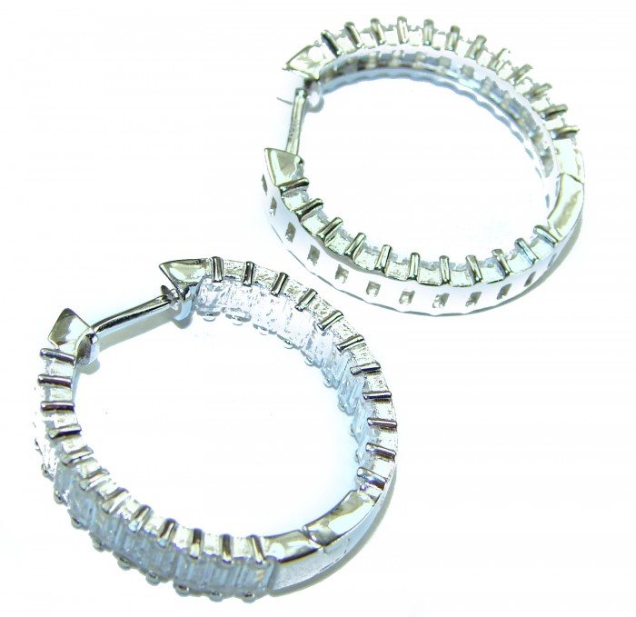 Allure Natural 8.2 carat White Topaz .925 Sterling Silver handcrafted hoop earrings - Silver hoop earrings with topaz stones, side view.