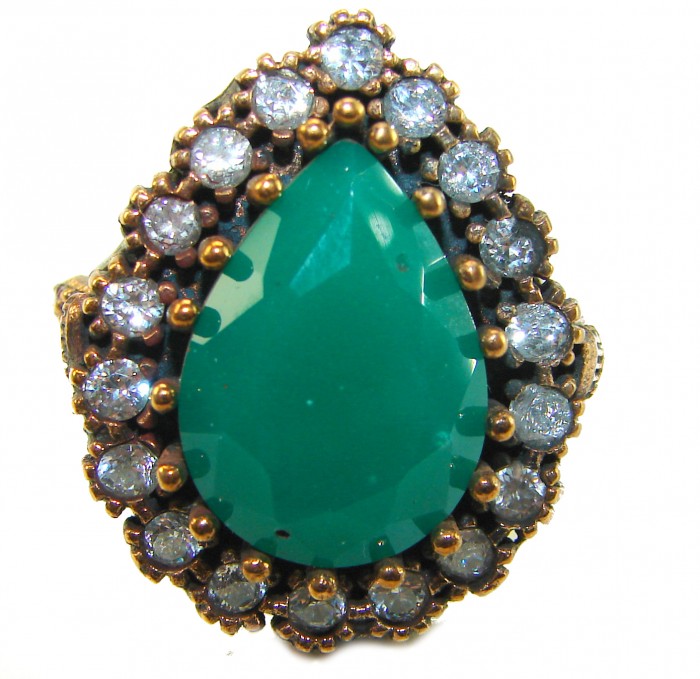 Victorian Style 24.5 carat Emerald & White Topaz Copper over Sterling Silver ring; s. 9 - Close-up of Victorian style emerald and white topaz ring.