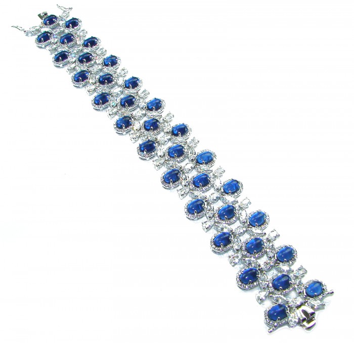 Real Gift of Nature 55.5 carat Authentic African Kyanite .928 Sterling Silver handcrafted Bracelet - Silver bracelet with blue stones, top view.