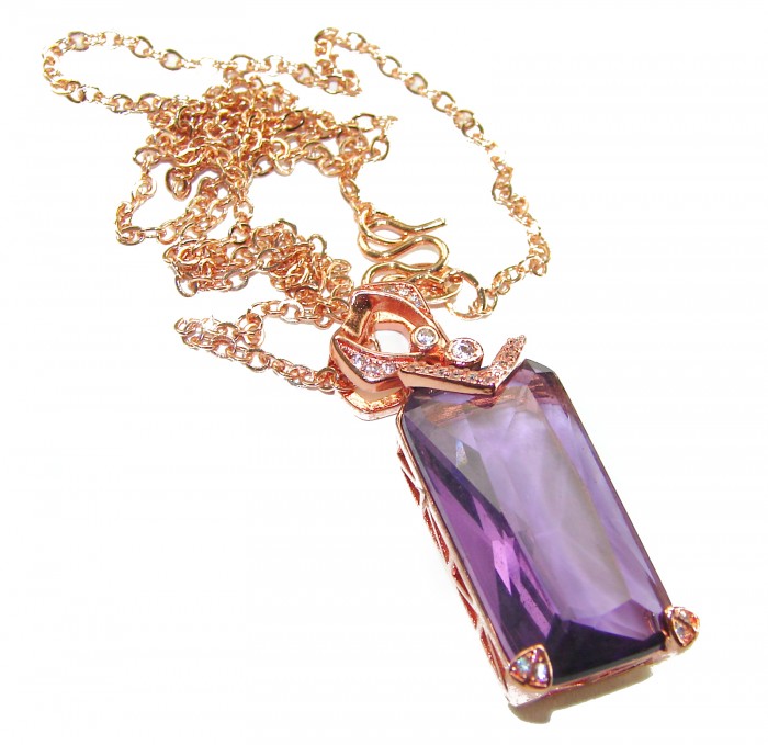 Genuine Amethyst .925 Sterling Silver dipped in 14K Rose Gold handcrafted 16 inches long necklace - Genuine Amethyst pendant with rose gold chain, close-up view.