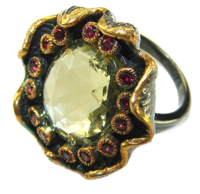 Real Treasure 10.5 carat Citrine .925 Sterling Silver dipped in Black rhodium Handcrafted Huge Ring size 6 - Close-up of citrine gemstone ring with red accents and ornate setting