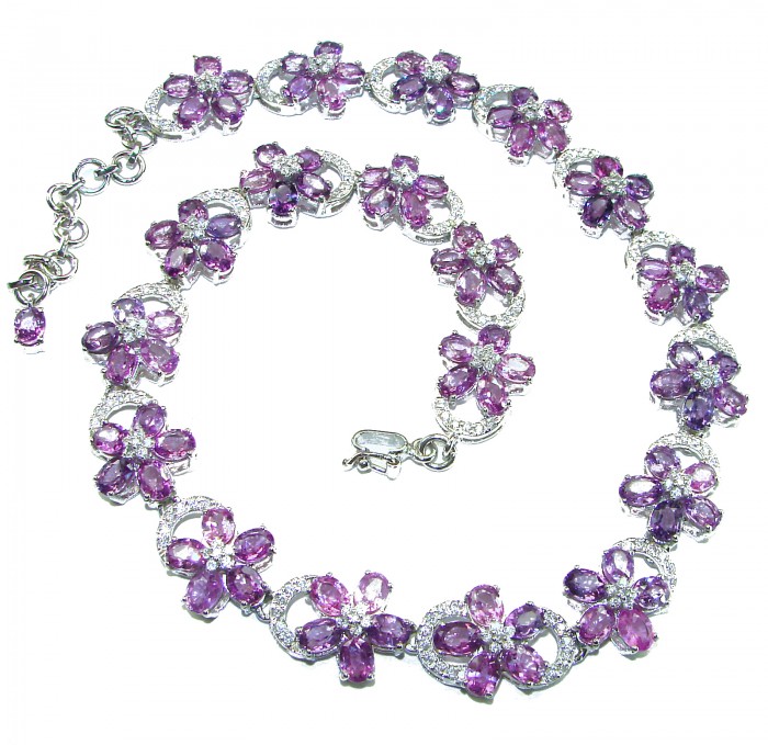 Precious Spring Flowers genuine 179.5 carat Amethyst rhodium over .925 Sterling Silver handcrafted Necklace - Amethyst flower necklace close-up with clasp detail.