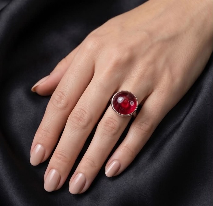 Jeanne Natural 17.4 carat Ruby .925 Sterling Silver dipped in rhodium handmade Statement Ring size 8 - Ruby ring worn on hand, 17.4 carat, sterling silver band