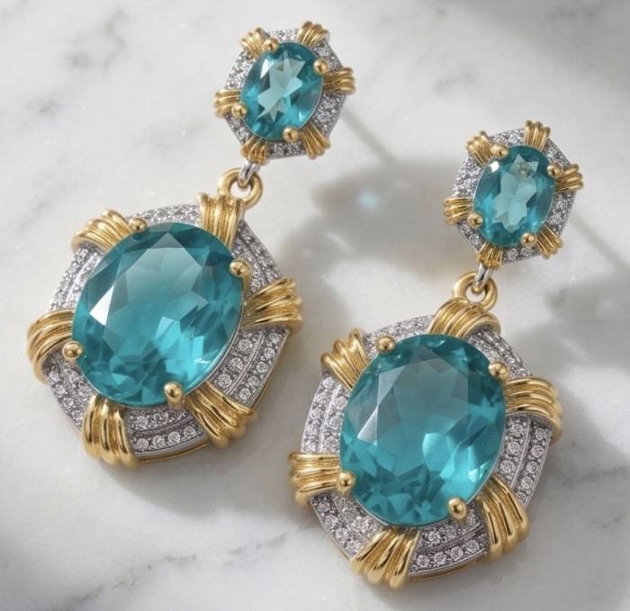 Eau Pure 10.5 carat AQUAMARINE 14K Gold over .925 Sterling Silver Handcrafted Earrings - Aquamarine earrings close-up, gold and sterling silver setting.