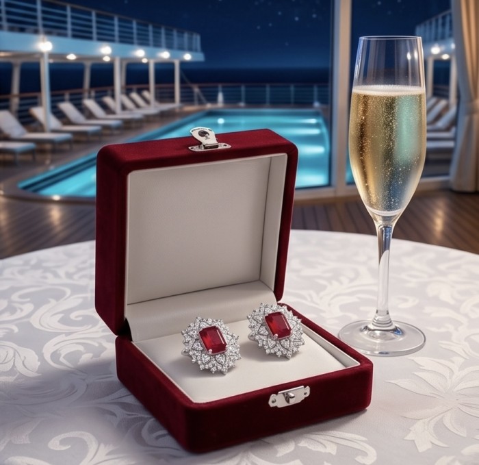 Antonia 4.5 carat Ruby dippedin rhodium .925 Sterling Silver brilliantly handcrafted earrings - Earrings in red velvet box with champagne, cruise ship deck in background
