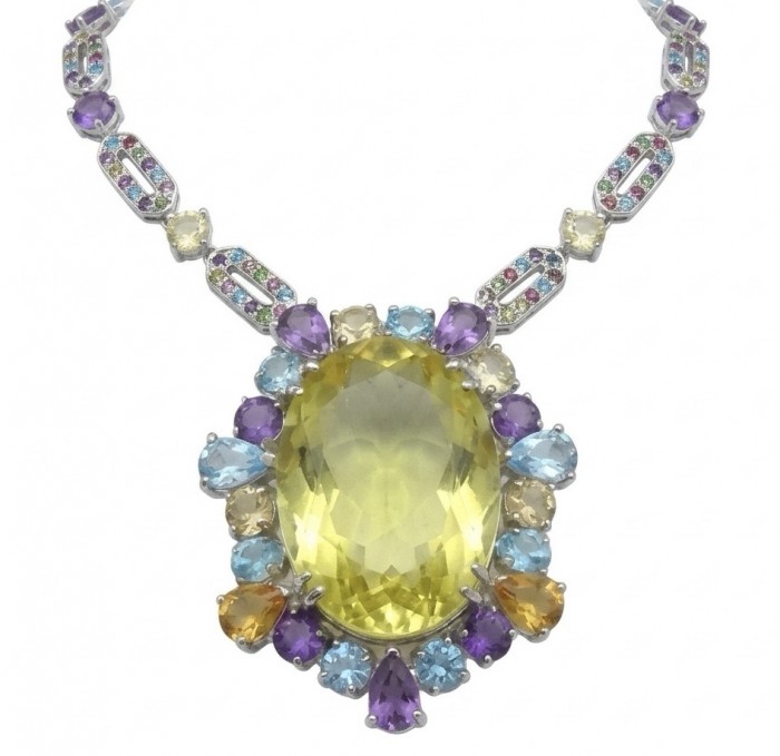Giovanna - Exquisite Beauty authentic 55.9 carat Lemon Quartz .925 Sterling Silver handcrafted necklace - Necklace front view with 55.9 carat lemon quartz and colorful gemstones