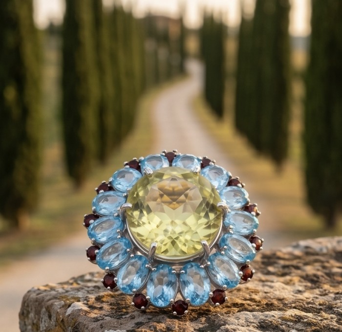 Vivien - Natural 25.8 carat pear cut BRAZILIAN Citrine Aquamarine .925 Sterling Silver dipped in 22K Gold handmade Statement Ring size 7 1/2 - Close-up of Vivien Brazilian Citrine Aqua ring on stone surface