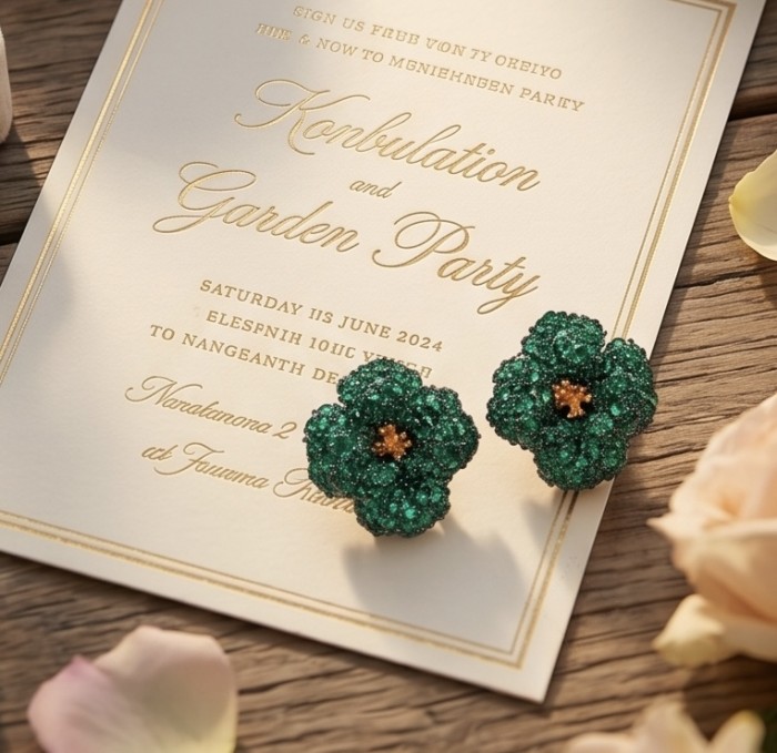 Exotic Flowers - 18.8 carat Colombian Emerald 2 tones .925 Sterling Silver dipped in rhodium handmade Statement Earrings - Emerald flower earrings on invitation card, top view.