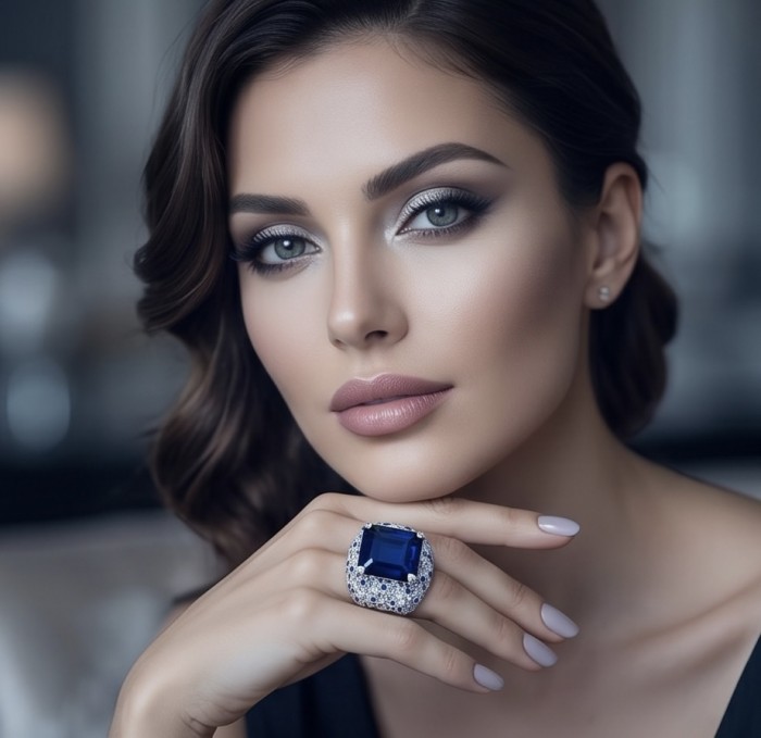 Blue Royalty 15.5 ctw natural Sapphire .925 Sterling Silver handcrafted large Statement Ring size 8 - Sapphire ring worn on hand, showcasing Blue Royalty design.