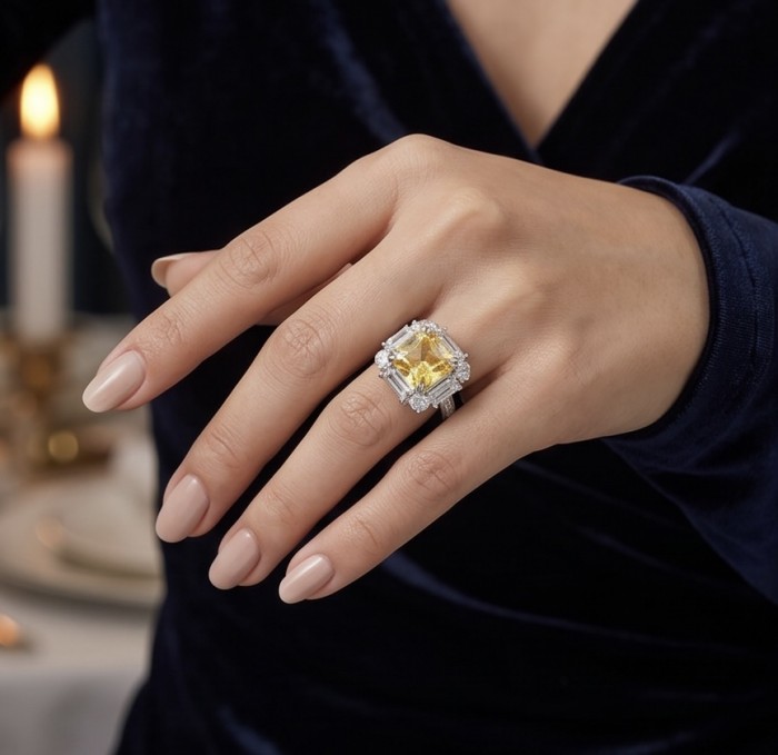 Art Deco - Luxurious asscher cut 15.7 carat Yellow Sapphire 18K Gold over .925 Sterling Silver handcrafted Ring s. 7 1/2 - Worn on hand, showcasing asscher cut 15.7 carat yellow sapphire ring.