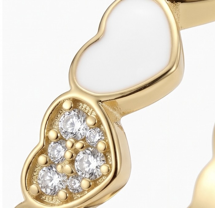 LOVE IS FOREVER Natural WHITE Enamel .925 Sterling Silver Huge handcrafted Ring s. 8 1/2 - Close-up of gold heart-shaped sterling silver jewelry with enamel and stones.