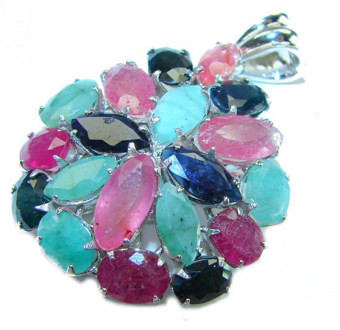 Nirvana 19.5 carat Ruby Emerald Sapphire .925 Sterling Silver pendant - Gemstone pendant close-up with rubies, emeralds, sapphires in sterling silver